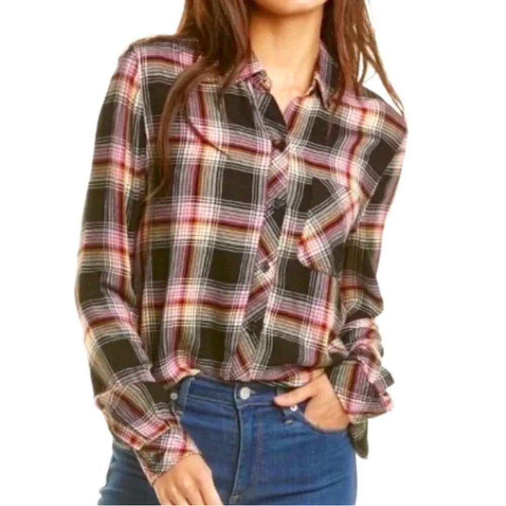 NWT BEACHLUNCHLOUNGE Charley Flannel Button-Up Shirt Pink\Black Plaid XS